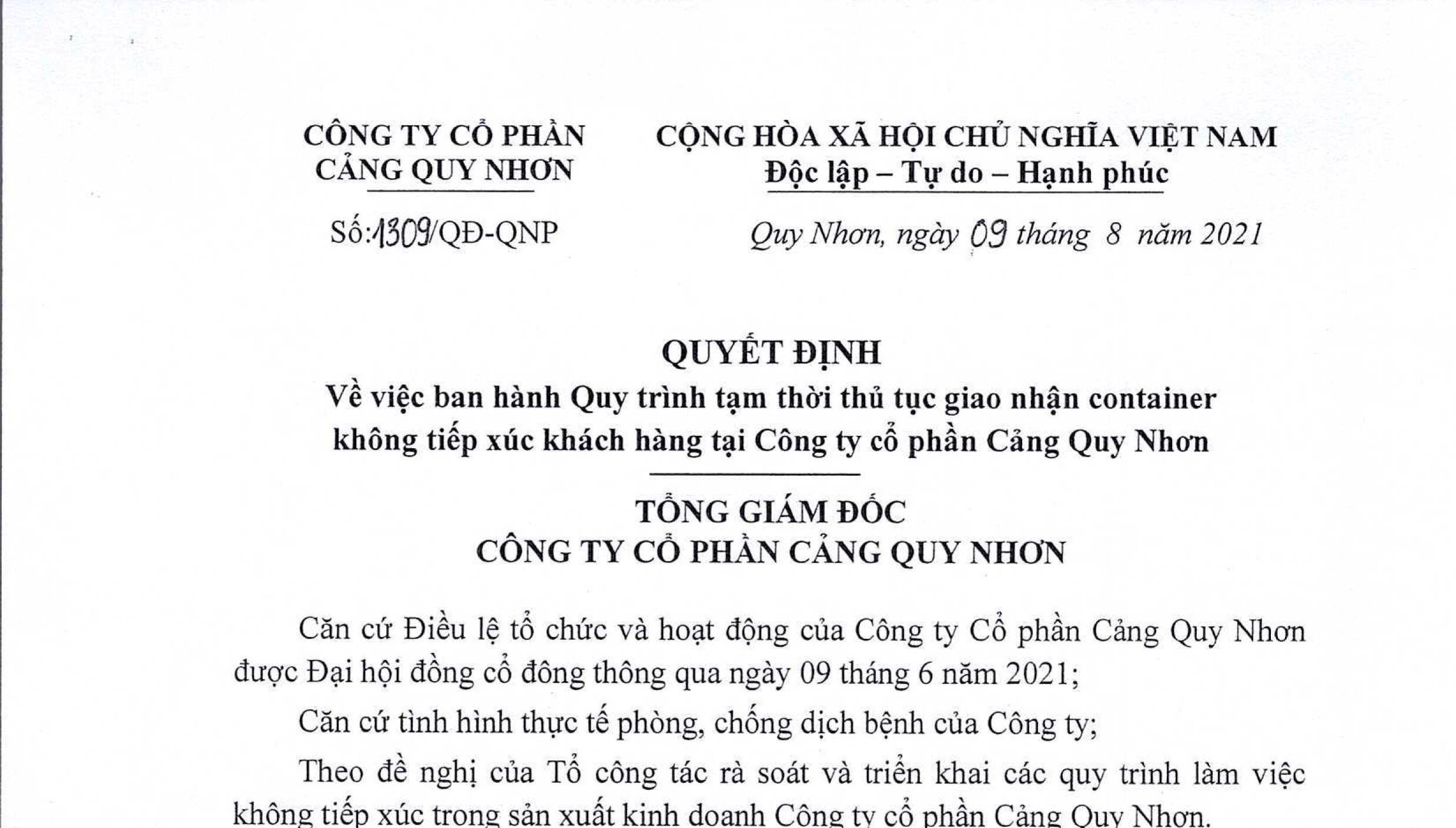 Quyết định số 1309/QĐ-QNP ngày 09/8/2021 của CTPT Cảng Quy Nhơn về việc ban hành quy trình tạm thời thủ tục giao nhận container không tiếp xúc khách hàng tại Công ty CP Cảng Quy Nhơn