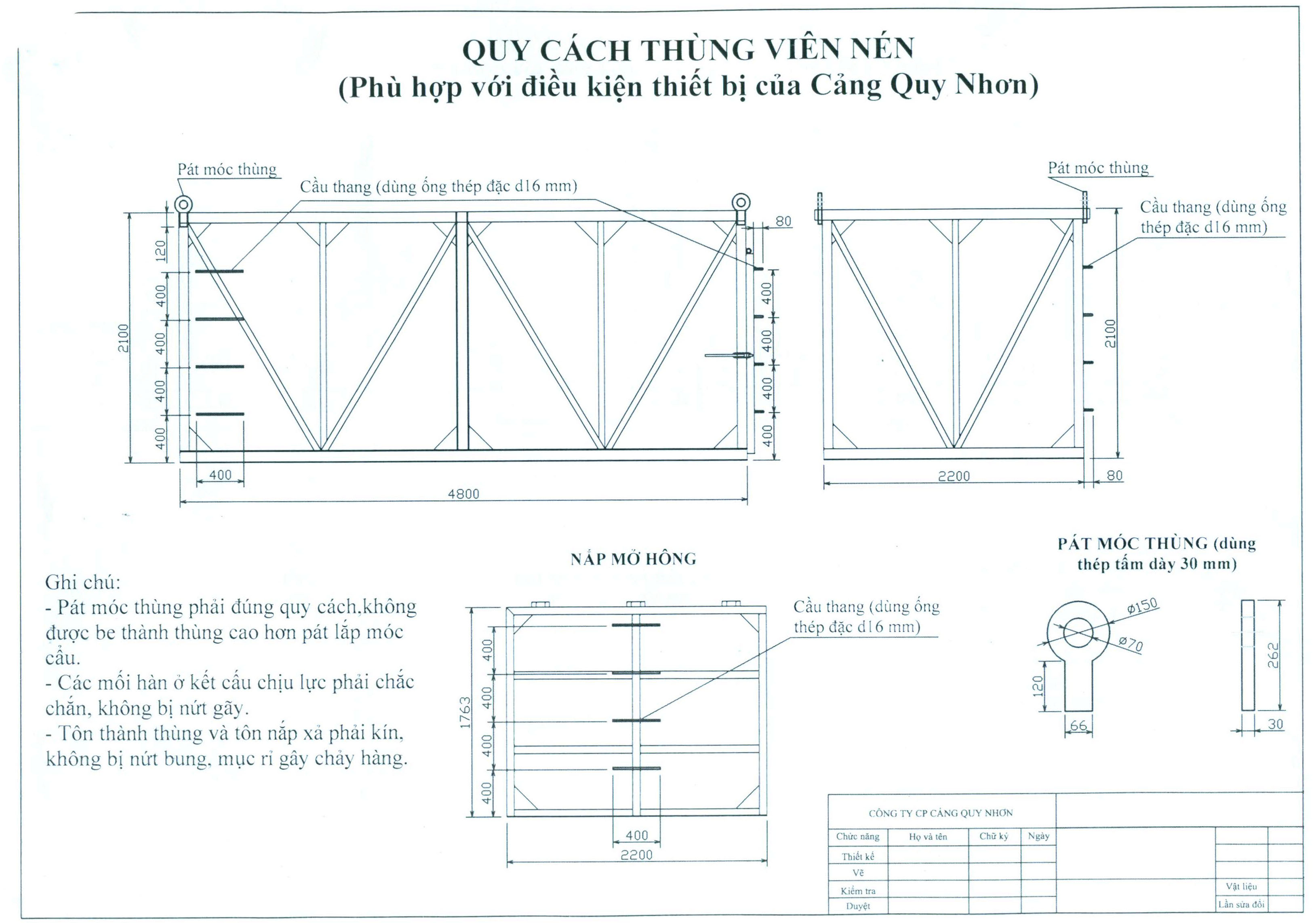 Quy cách thùng viên nén (phù hợp với điều kiện thiết bị của Cảng Quy Nhơn)