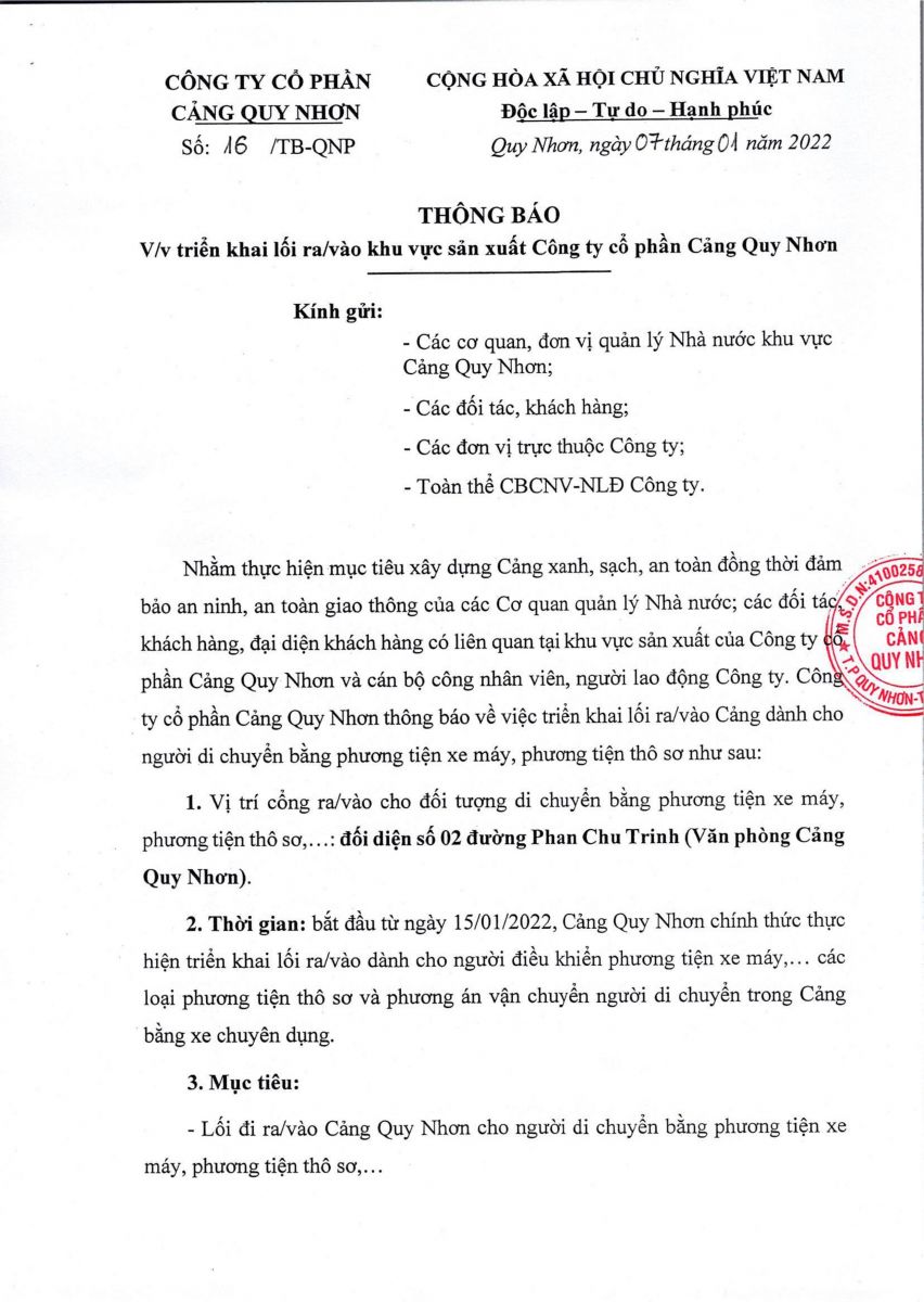 THÔNG BÁO TRIỂN KHAI LỐI RA/VÀO KHU VỰC SẢN XUẤT CÔNG TY CỔ PHẨN CẢNG QUY NHƠN
