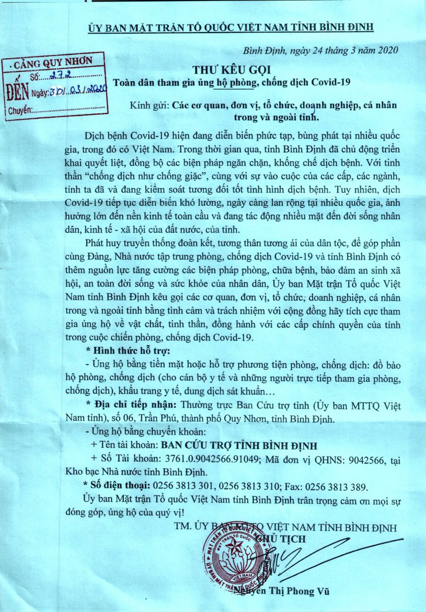 THƯ KÊU GỌI TOÀN DÂN THAM GIA ỦNG HỘ PHÒNG, CHỐNG DỊCH COVID-19