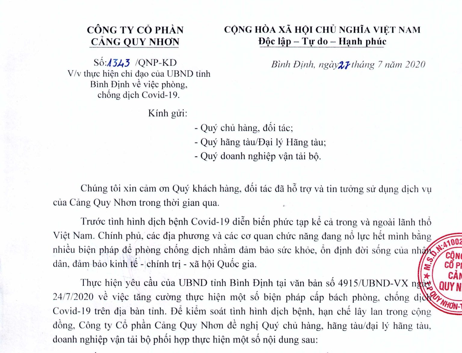 Thực hiện chỉ đạo của UBND tỉnh Bình Định về việc phòng chống dịch Covid-19