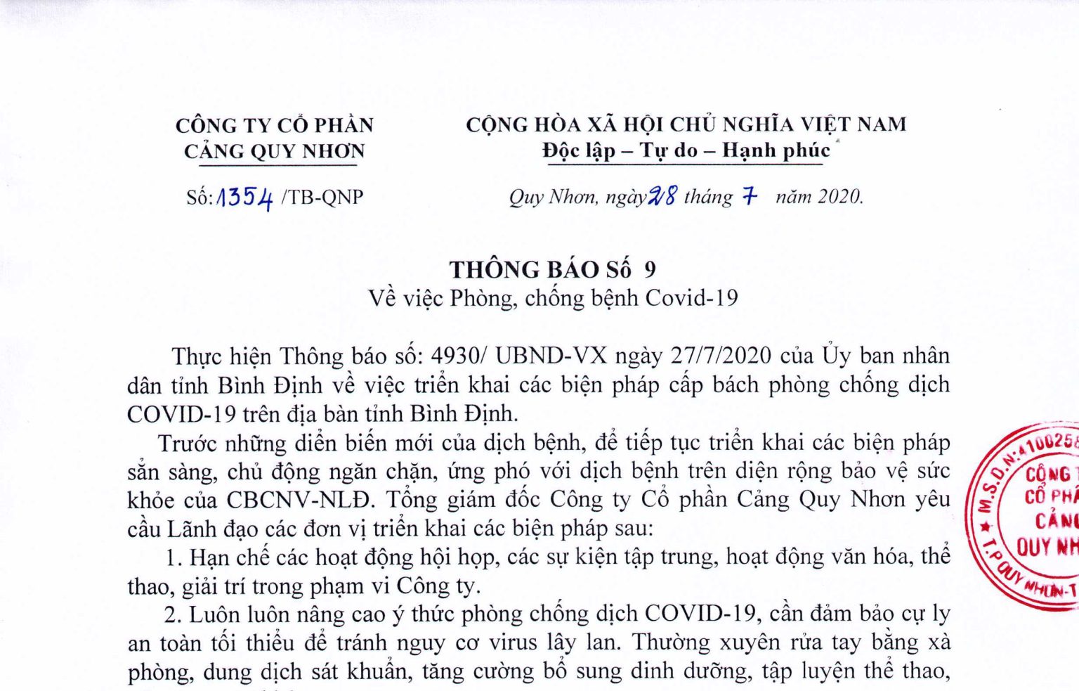 Thông báo số 9 về việc phòng chống dịch bệnh Covid-19