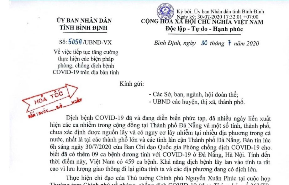CÔNG VĂN SỐ 5059/UBND-VX TỈNH BÌNH ĐỊNH VỀ VIỆC TIẾP TỤC TĂNG CƯỜNG THỰC HIỆN CÁC BIỆN PHÁP PHÒNG, CHỐNG DỊCH BỆNH COVID-19 TRÊN ĐỊA BÀN TỈNH