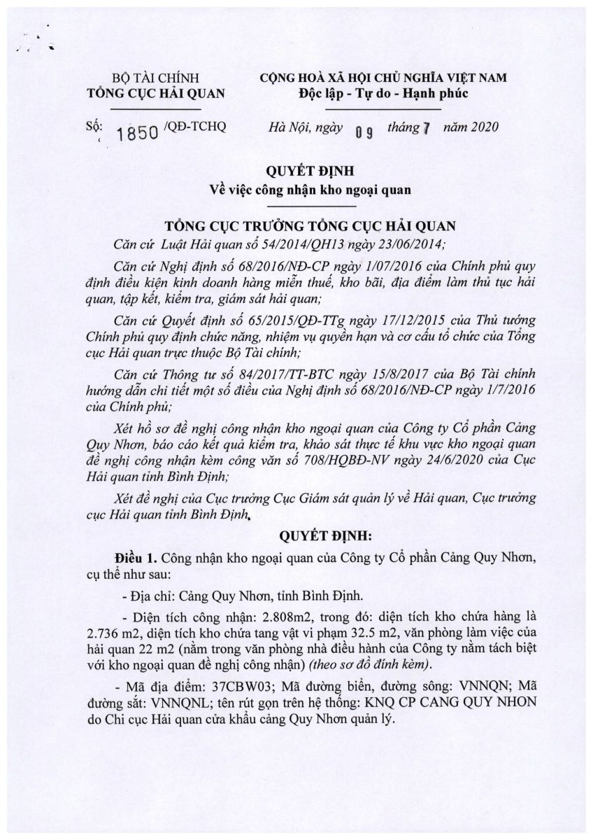 Quyết định công nhận kho ngoại quan