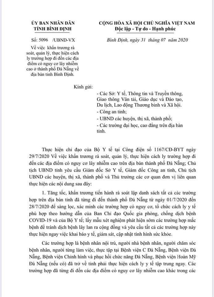 Công văn về việc khẩn trương rà soát, quản lý, thực hiện cách ly các trường hợp đi đến các địa điểm có nguy cơ lây nhiễm cao